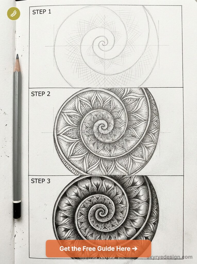 tutorial-spiral-mandala Three-step pencil drawing tutorial of an ornate spiral mandala/nautilus on a sketchbook page, pencil at left | Sky Rye Design Three-step pencil drawing tutorial of an ornate spiral mandala/nautilus on a sketchbook page, pencil at left