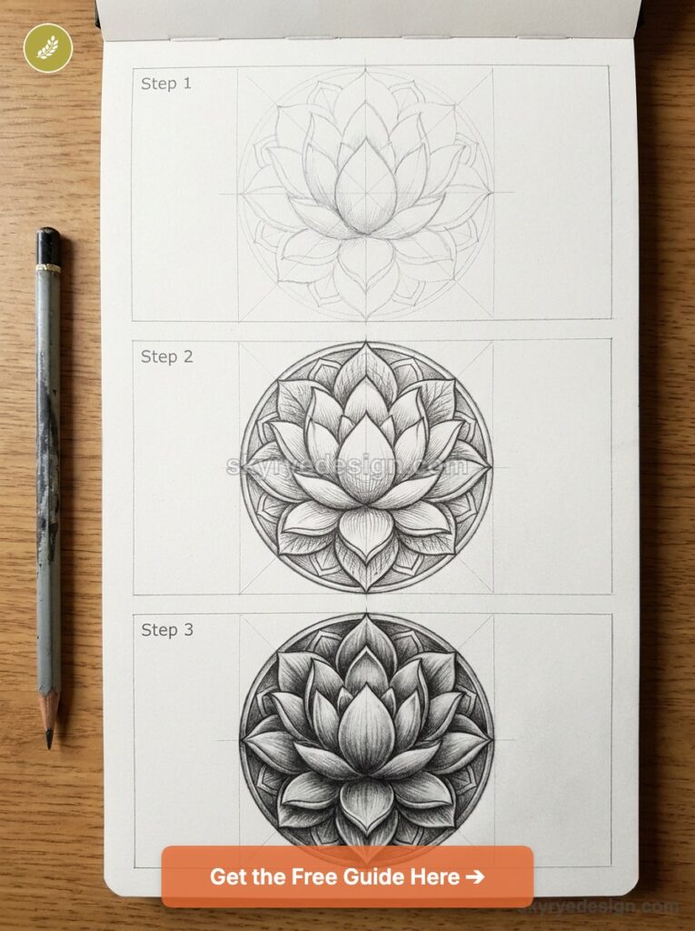 tutorial-lotus-mandala Lotus pencil drawing tutorial in sketchbook showing three steps: outline, detailed linework, and shaded mandala blossom | Sky Rye Design Lotus pencil drawing tutorial in sketchbook showing three steps: outline, detailed linework, and shaded mandala blossom
