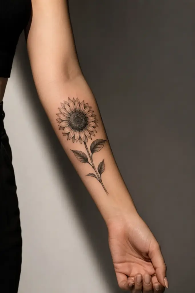 Fine-line black sunflower tattoo on inner forearm, detailed petals and leaves, minimalist botanical forearm ink