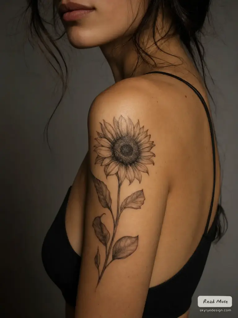 Sunflower tattoo on woman's upper arm and shoulder, black-ink botanical linework with delicate realistic shading