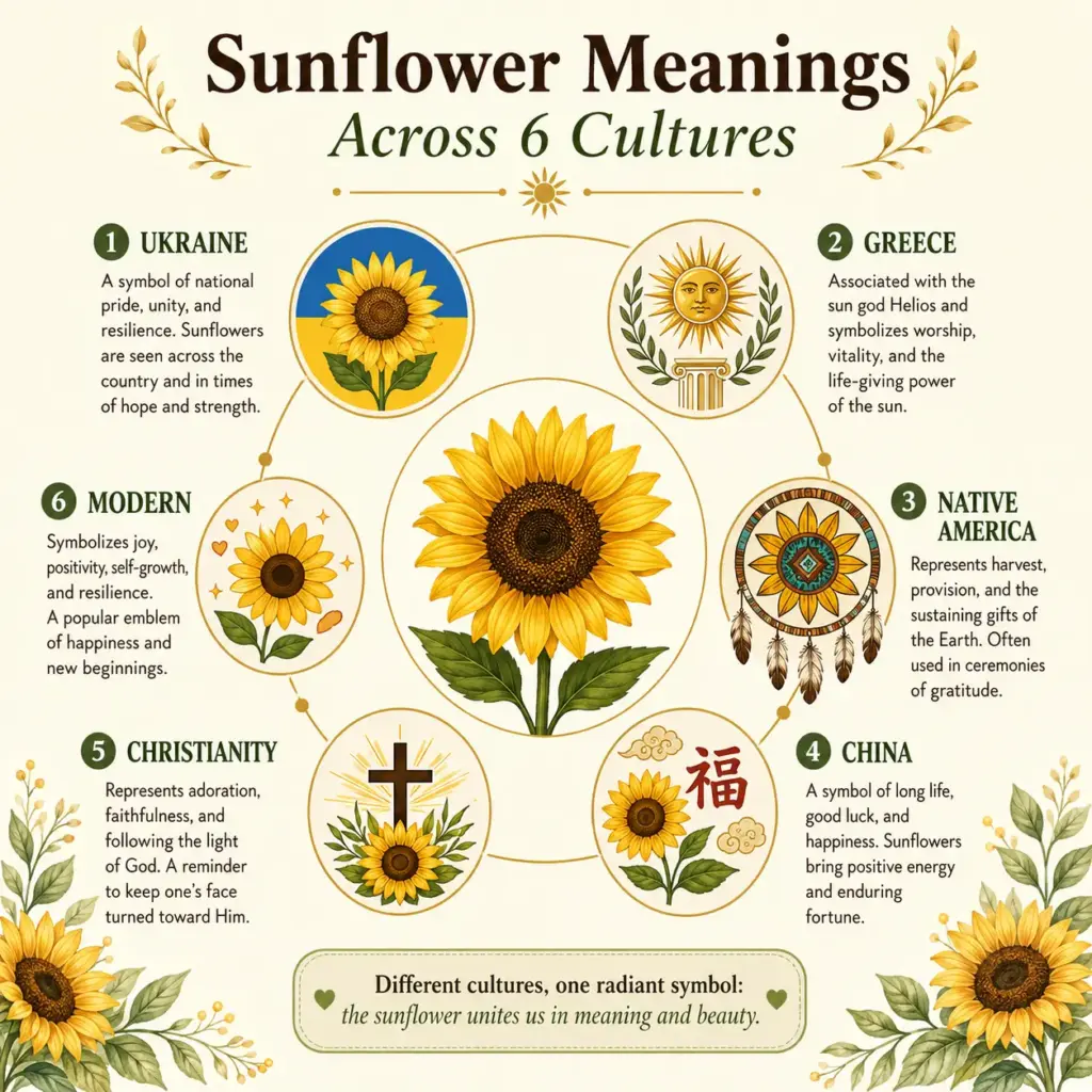 Sunflower symbolism infographic: meanings across 6 cultures - Ukraine, Greece, Native America, China, Christianity, Modern
