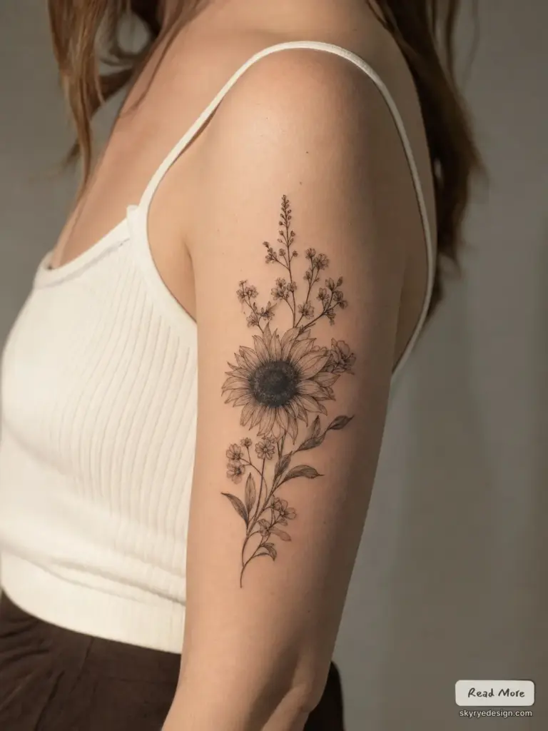 Fine-line black sunflower and wildflower tattoo on upper arm, delicate botanical floral design