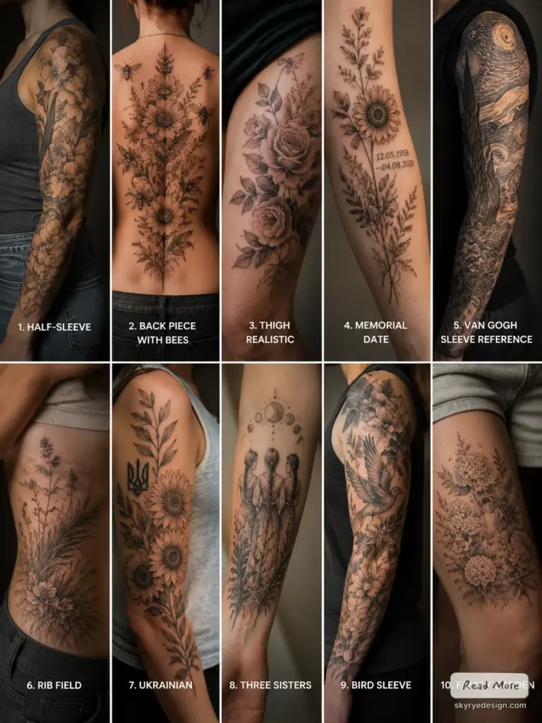 Black-and-grey tattoo designs collage: 10 floral and nature pieces including sleeves, back piece with bees, sunflower, memorial date