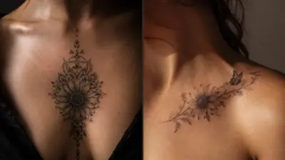 Black-ink sunflower chest tattoos: mandala sternum piece and delicate collarbone sunflower with butterfly