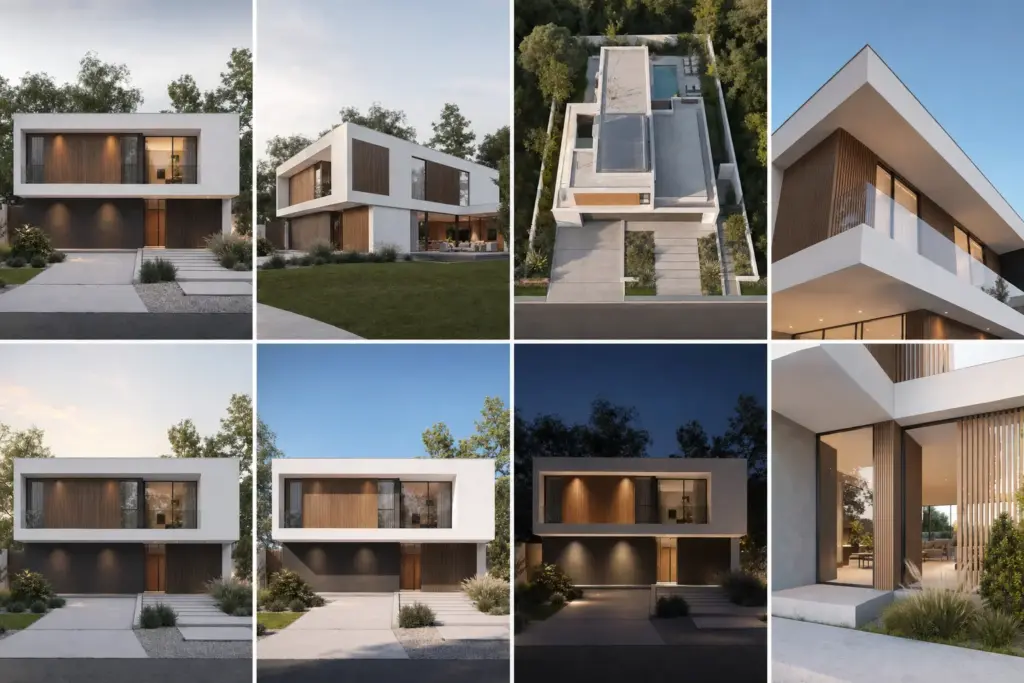 Modern minimalist home collage: white cube facade, wood slats, large glass windows, landscaped yard and aerial rooftop view