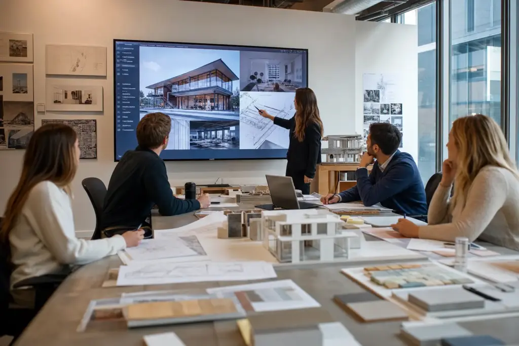 Architects in a conference room watching a presenter point at a large screen with building designs and blueprints.
