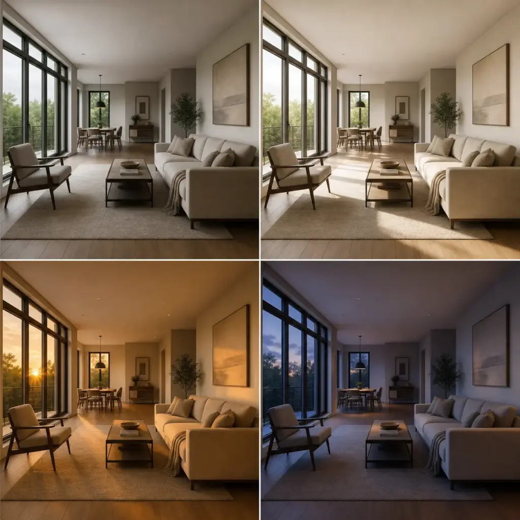 Modern living room with floor-to-ceiling windows, neutral decor, sofa and armchair shown in four day-to-night scenes