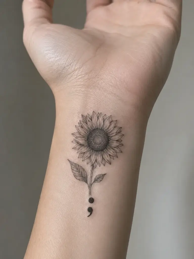 Black fine-line sunflower and semicolon inner-wrist tattoo, small minimalist black-ink design