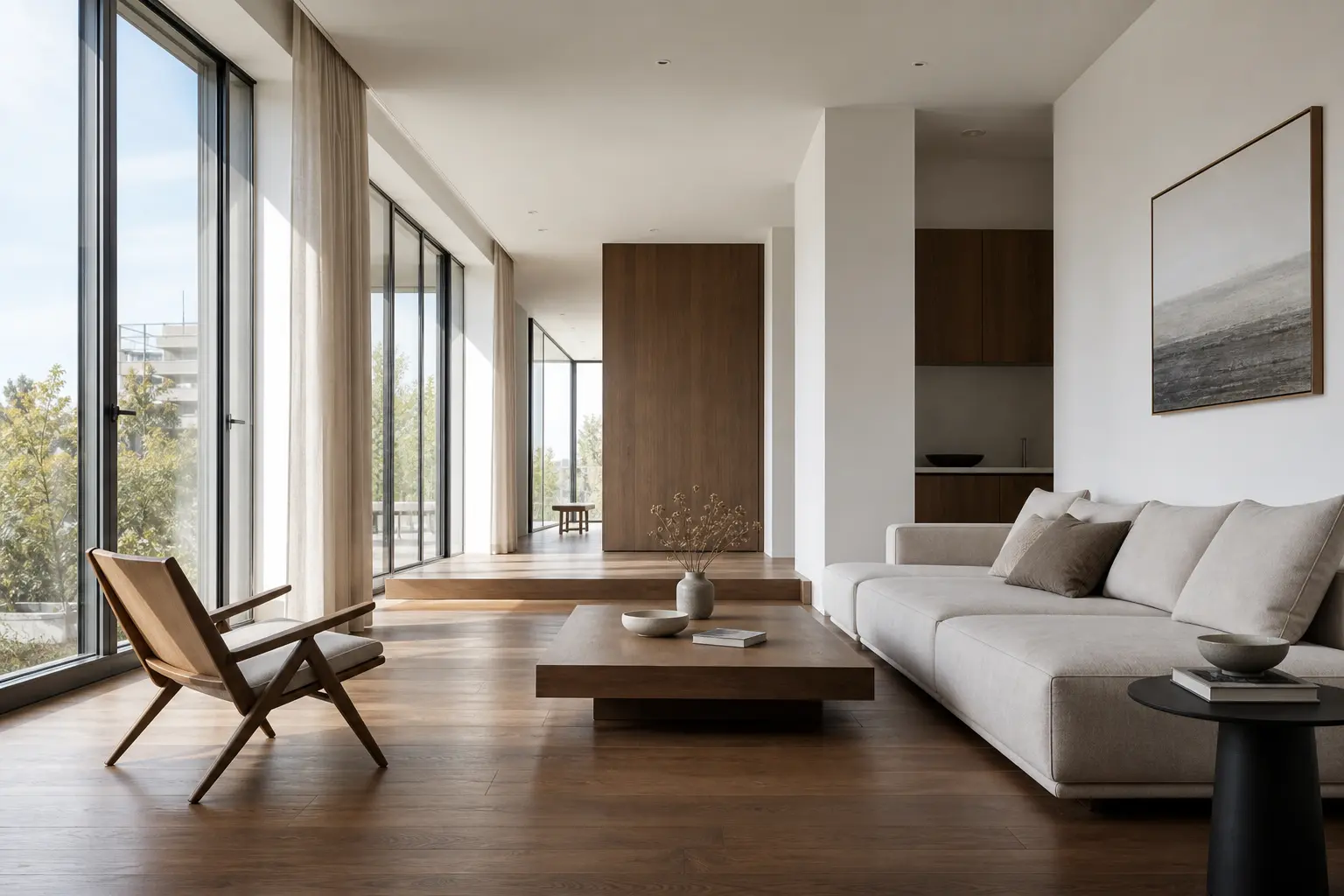 Modern minimalist living room with floor-to-ceiling windows, natural light, neutral sofa and wood floors.