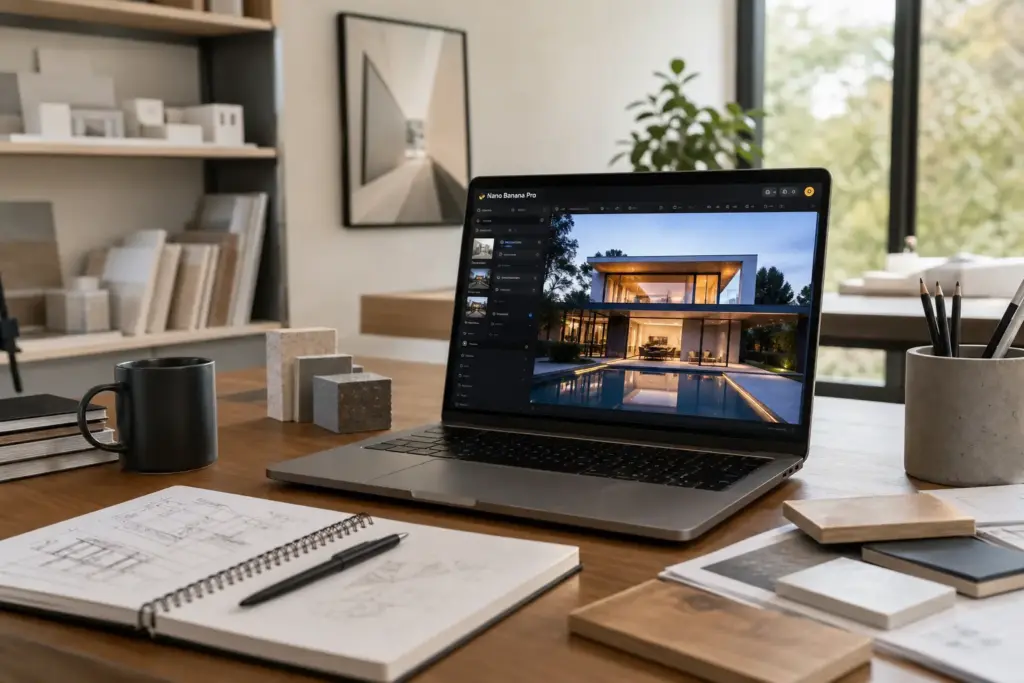 Open laptop on a wooden desk displaying a modern architectural render, with a notebook, mug, samples, and pencils nearby.