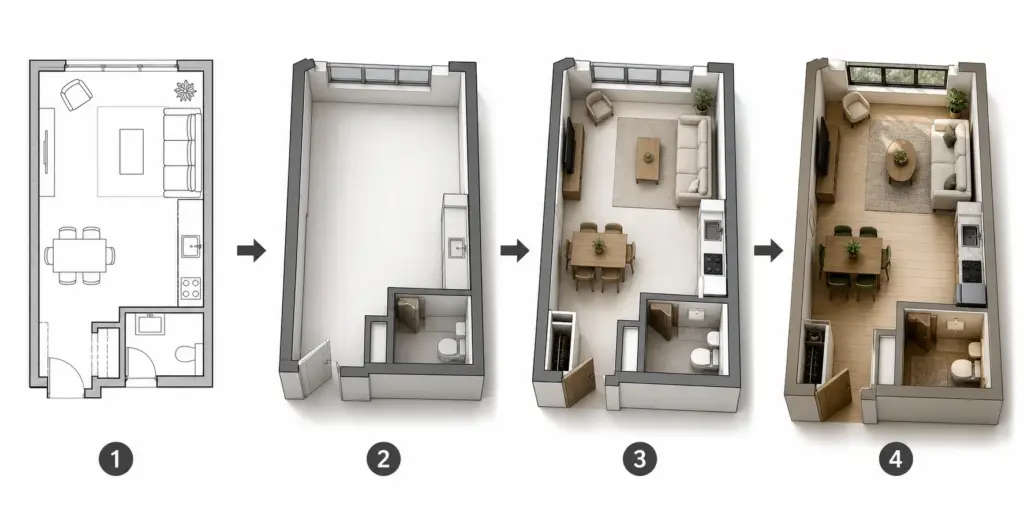 Four-step apartment remodel: floor plan, empty space, furnished living area with dining, and finished interior with decor.