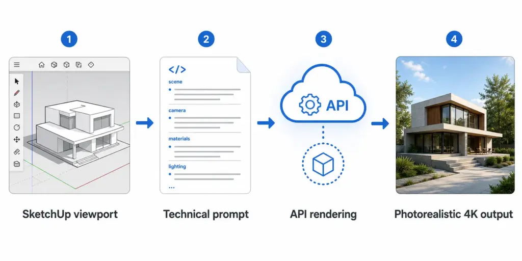 Four-step workflow: 3D SketchUp viewport of a modern house, a technical prompt document, cloud API rendering, then a photorealistic 4K house image.