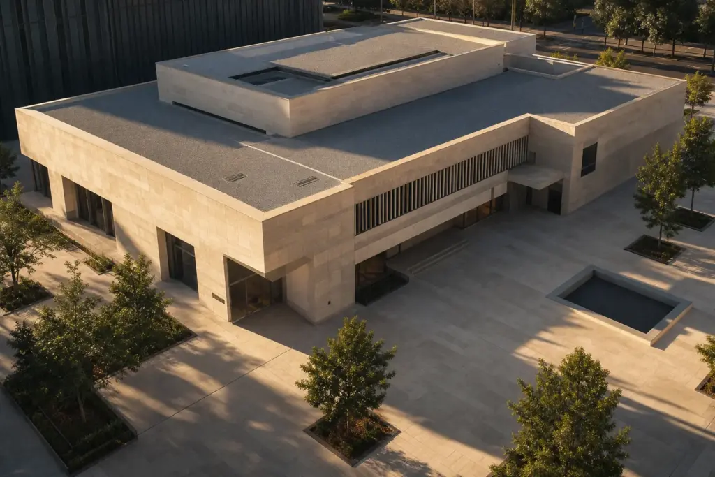 Aerial view of modern minimalist stone public building with wide plaza, planted trees and water feature