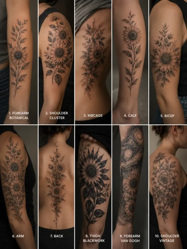 Black sunflower and botanical tattoo placement collage: forearm, shoulder, ribcage, calf, bicep, arm, back, thigh