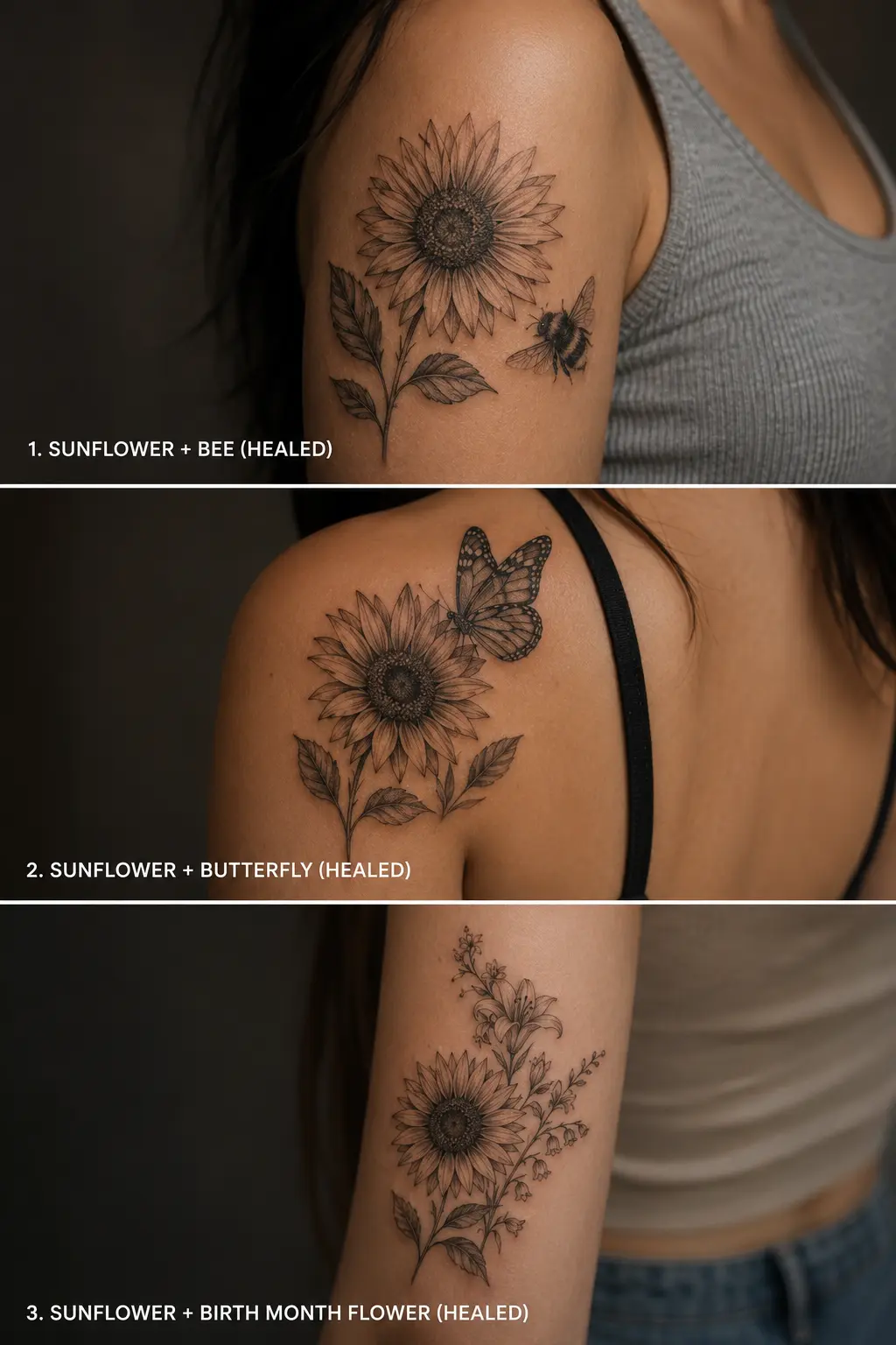 Three healed black-and-gray sunflower arm tattoos: sunflower+bee; sunflower+butterfly (shoulder); sunflower+birth flower