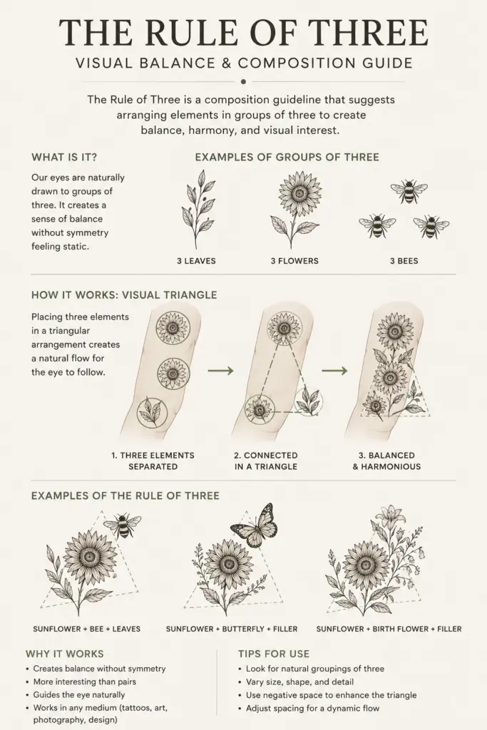 Rule of Three infographic: composition guide with 3-element examples (leaves, flowers, bees), visual-triangle steps and tips.