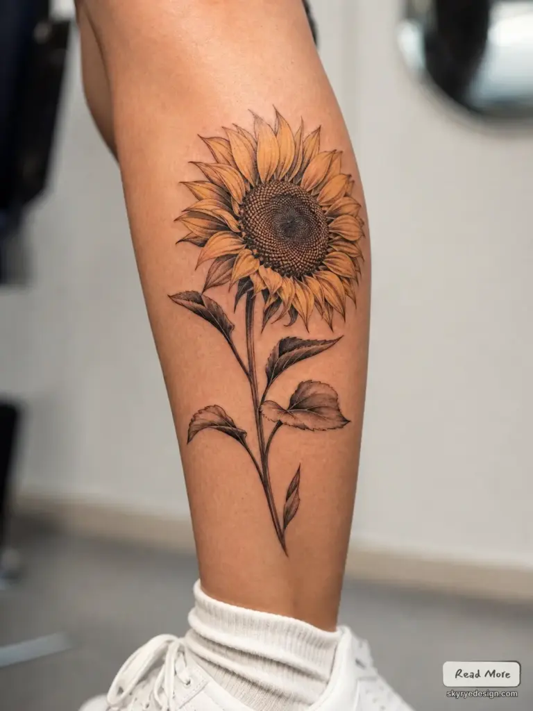 Realistic sunflower tattoo on calf, detailed black linework with yellow petals and botanical leaves.