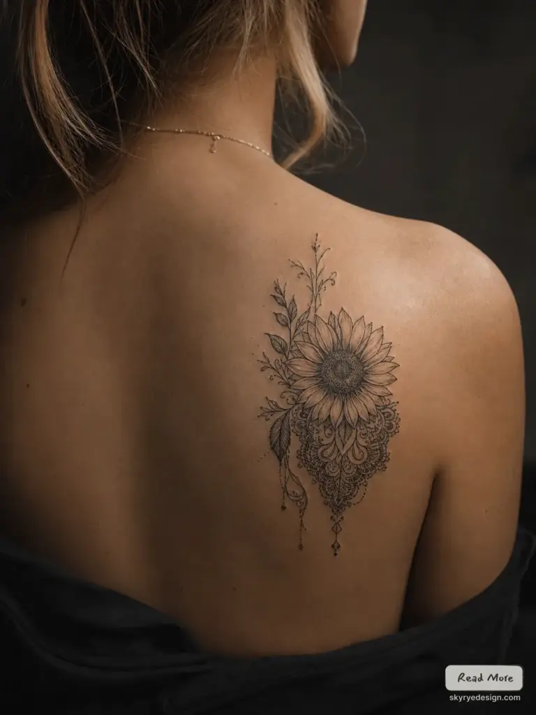 Sunflower tattoo on upper back, intricate black-ink mandala and floral fine-line shoulder blade design