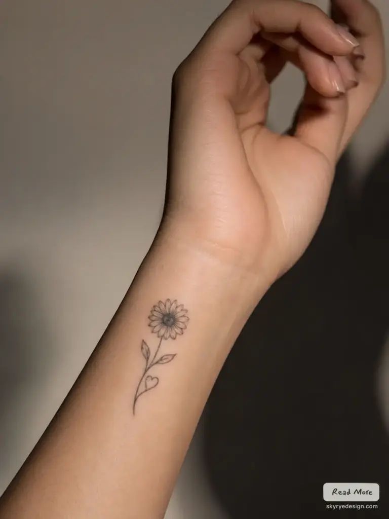 Fine-line daisy wrist tattoo with heart-shaped leaf on inner forearm, minimal dainty floral ink