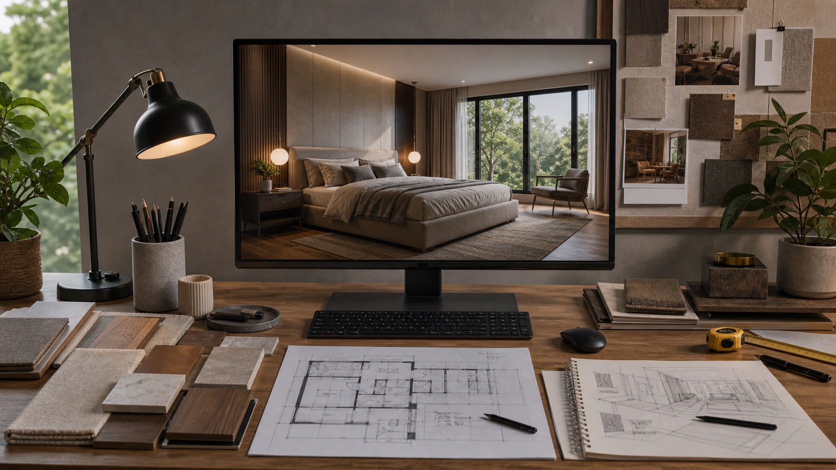 Bedroom 3D Visualization on a widescreen monitor with floor plans and material boards