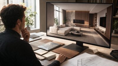 3D Visualization interior design render reviewed on a studio monitor with material samples