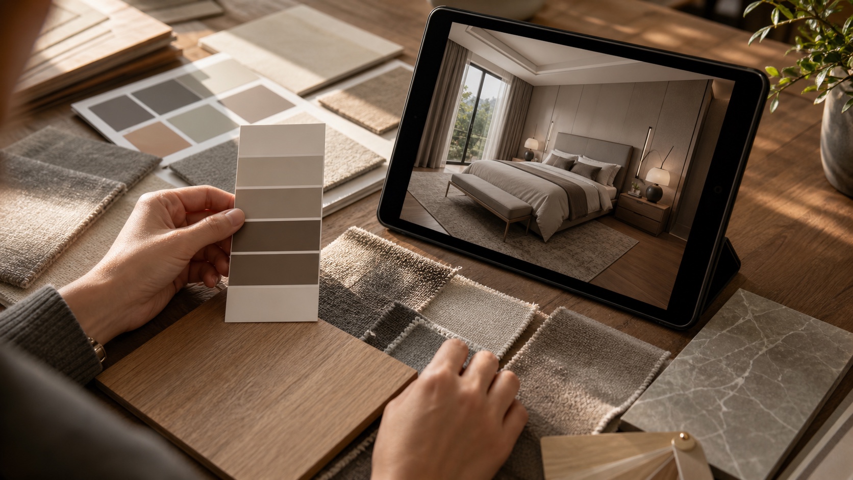 Paint, flooring, and fabric swatches beside a tablet showing a 3D Visualization bedroom render