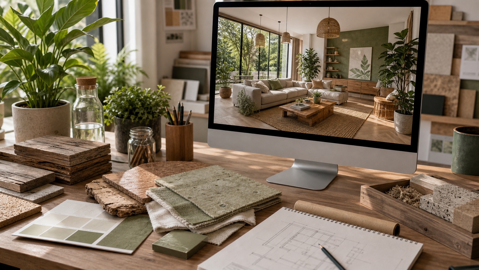 Sustainable interior material samples beside a 3D Visualization of an eco-friendly living room