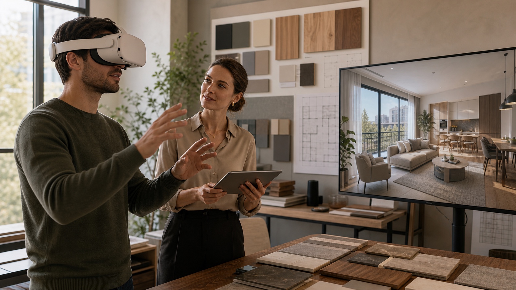 Client previewing an interior design 3D Visualization in VR beside a designer