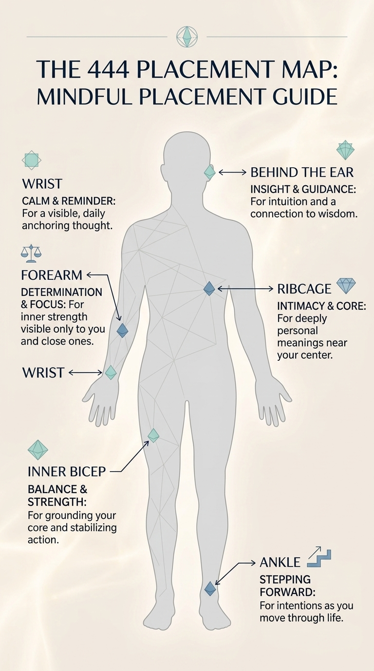 The 444 Placement Map: mindful placement guide showing body silhouette with ear, ribcage, forearm, wrist, bicep, ankle.