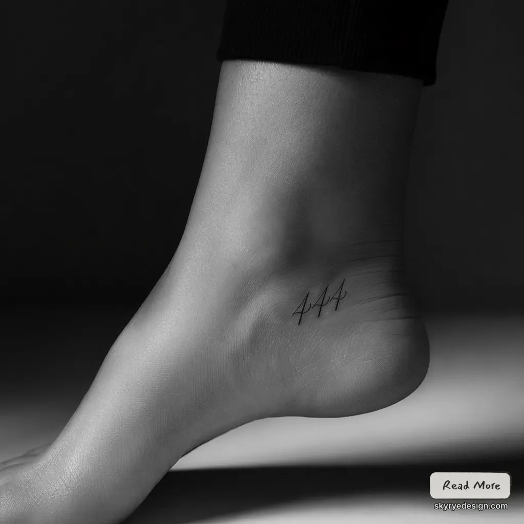 Black-and-white close-up of a minimalist ankle tattoo: three fine black script 'AAA' letters on inner ankle