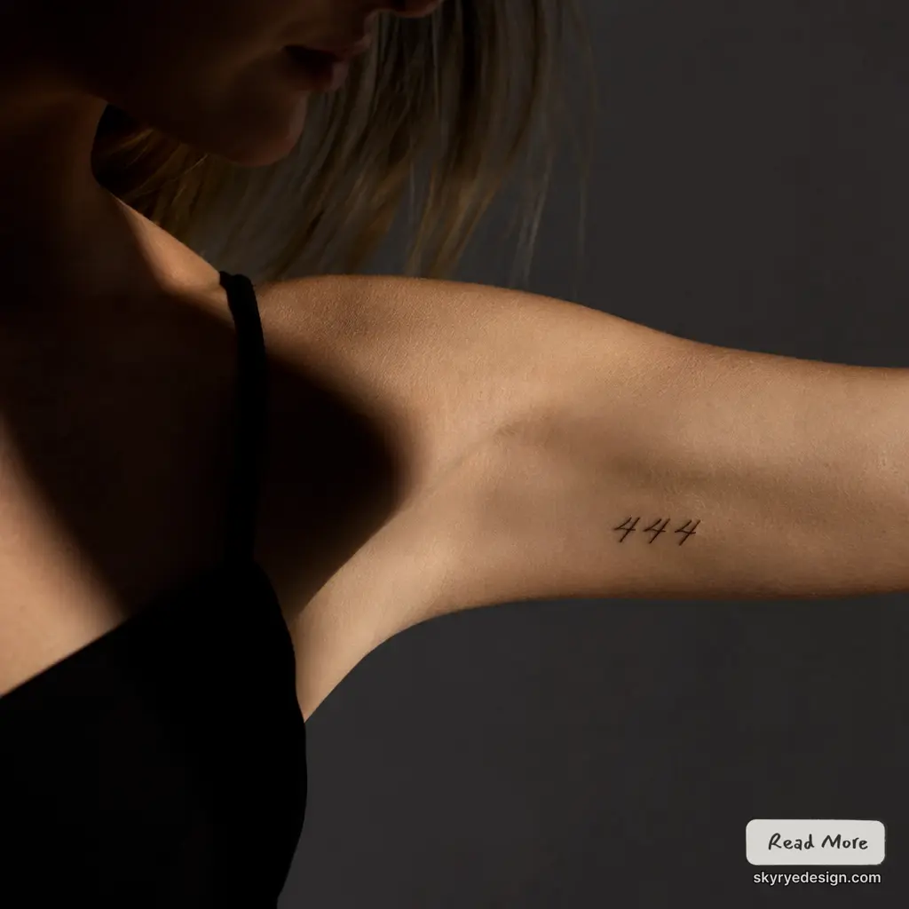 Minimalist '444' inner bicep tattoo close-up on a person wearing a black strap top, dark background