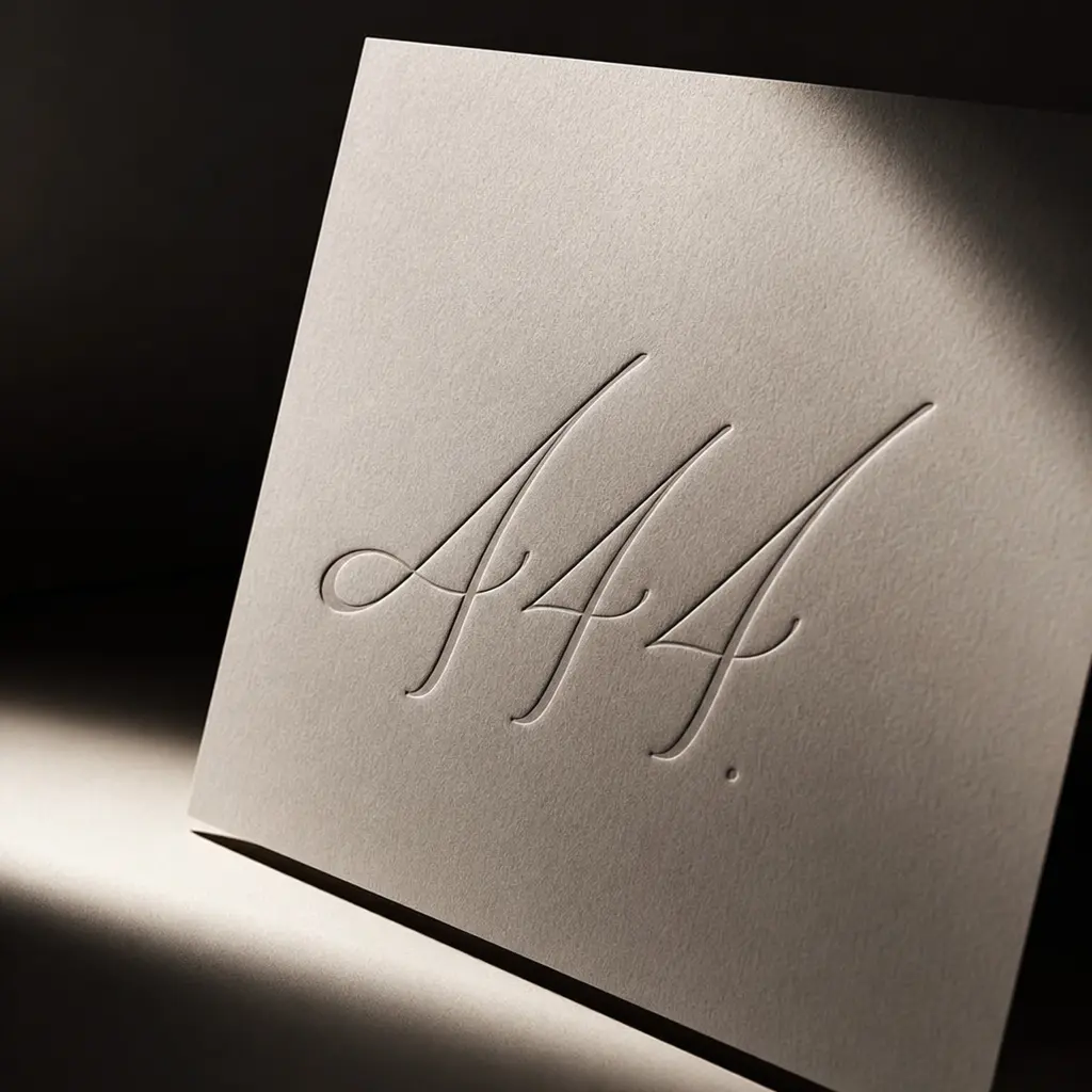 Embossed AAA monogram on textured beige paper with dramatic lighting — luxury letterpress stationery