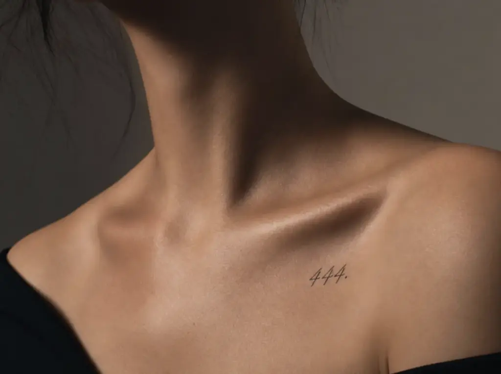 Close-up of a woman's collarbone and neck with small 444 minimalist tattoo, soft lighting and off-shoulder black top
