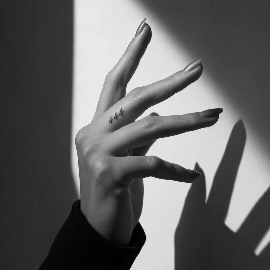 Hand with '444' finger tattoo, long nails in black-and-white photo casting bold shadow, minimalist aesthetic
