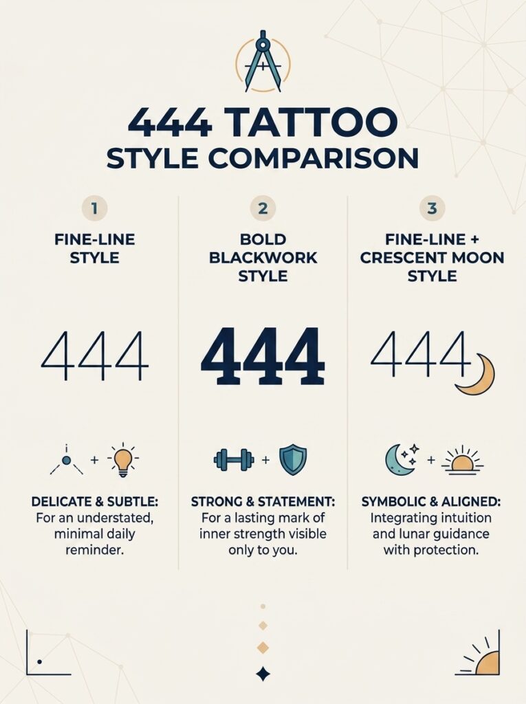 Infographic: 444 tattoo style comparison—fine-line, bold blackwork, and fine-line with crescent moon options with icons.