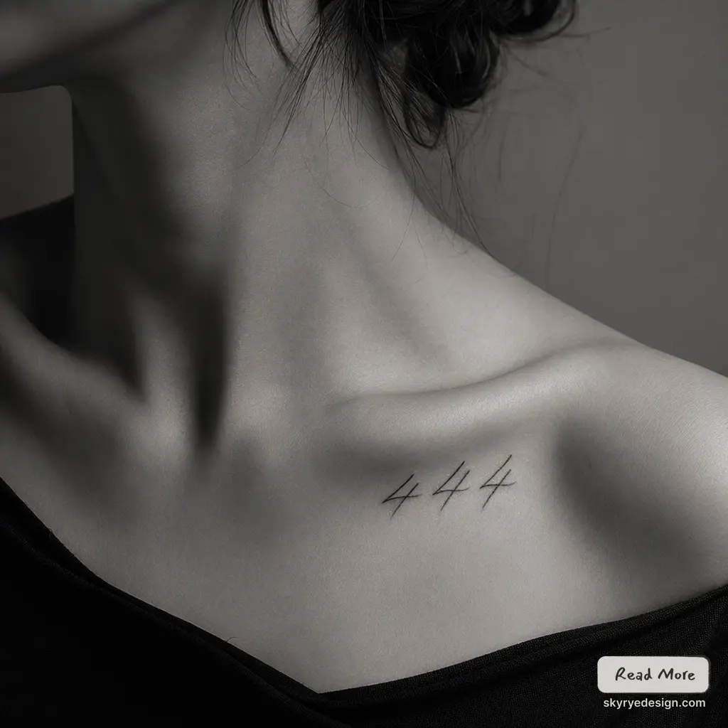 Black-and-white close-up of clavicle with minimalist '444' numeral tattoo near shoulder, delicate fine-line ink on collarbone