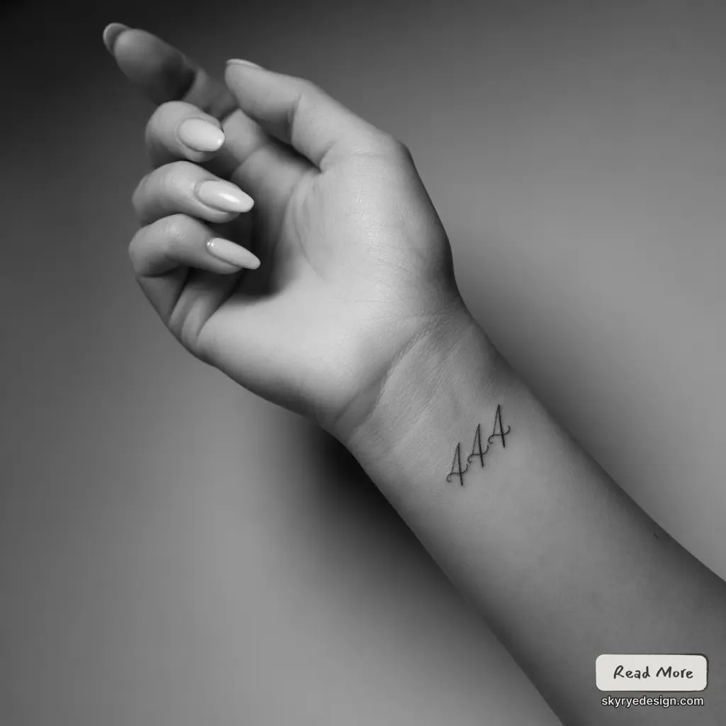 Minimalist cursive 'AAA' wrist tattoo - black-and-white close-up of a woman's hand with manicured nails