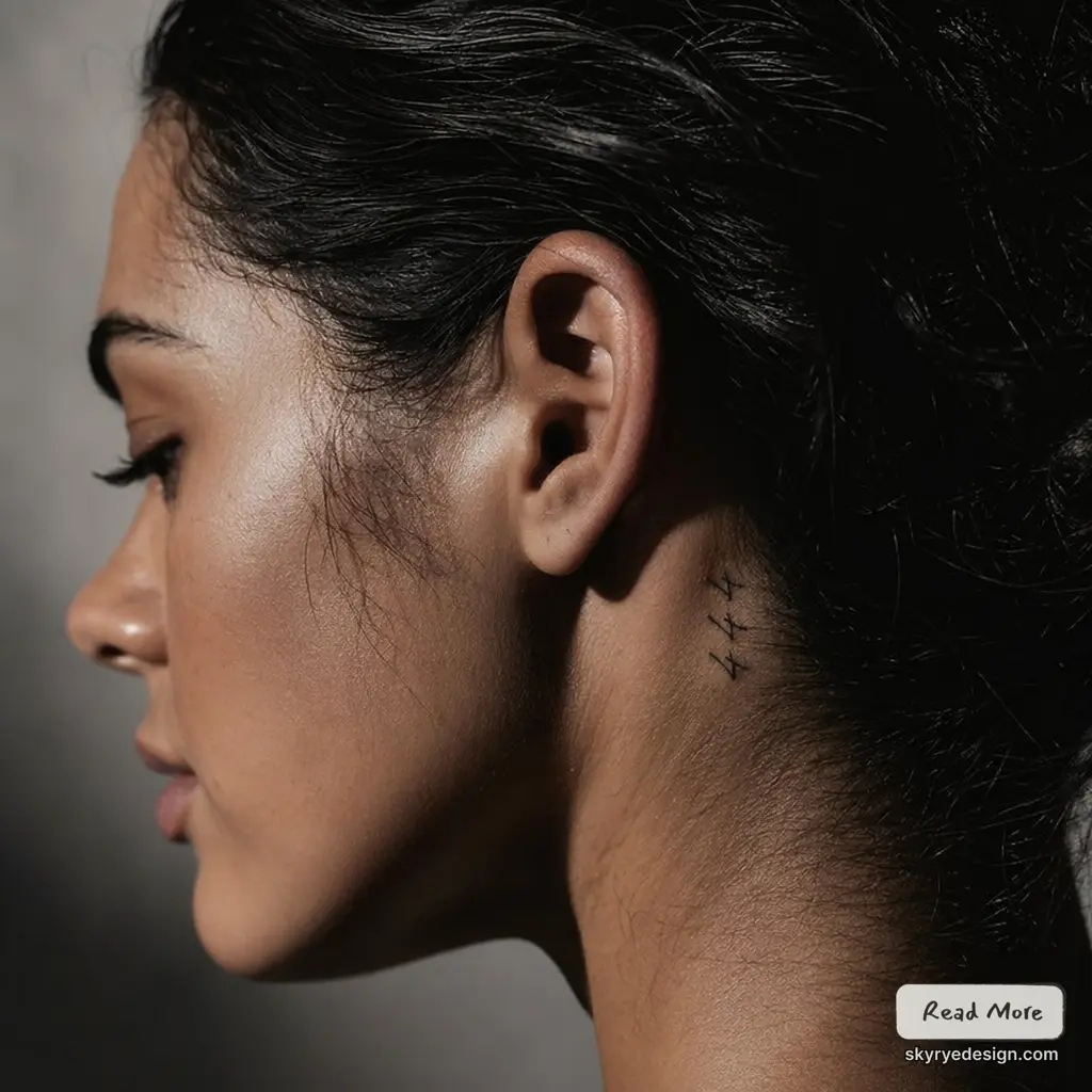 Close-up side profile of woman with three small minimalist lightning bolt tattoos behind her ear on neck