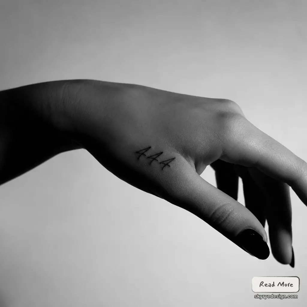 Black and white photo of a hand with a small minimalist three-tally mark tattoo near the thumb and black nail polish