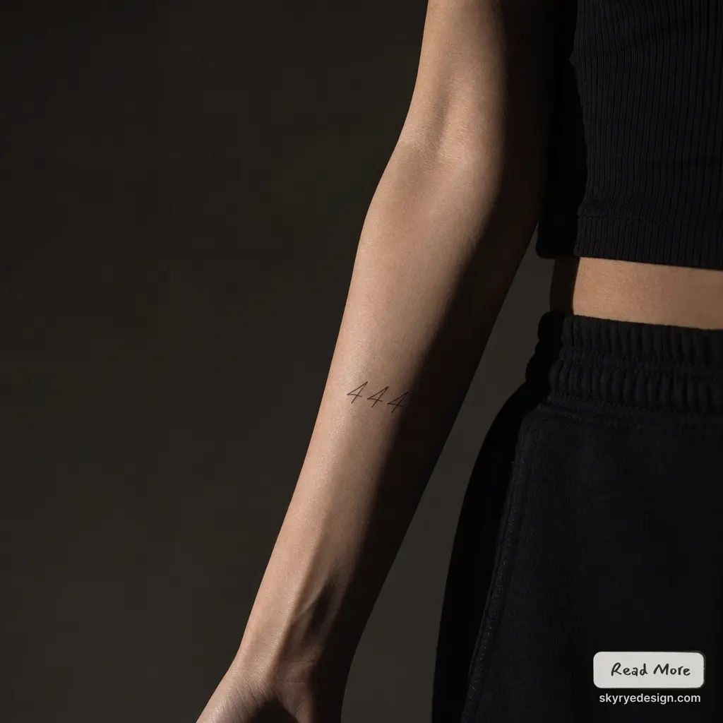 SEO-optimized alt text (≤125 chars): Minimalist 444 tattoo on inner forearm, close-up of person wearing black crop top and sweatpants