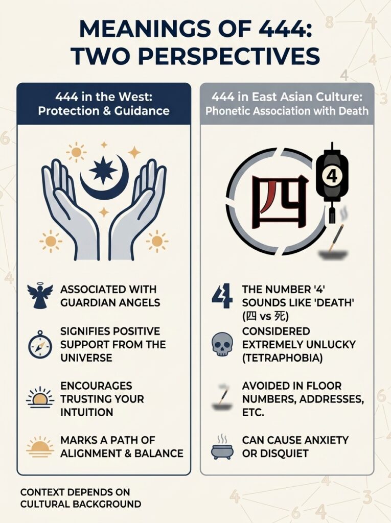 Infographic: Meanings of 444 — Western: protection/guardian angels; East Asian: 4 sounds like death (tetraphobia)