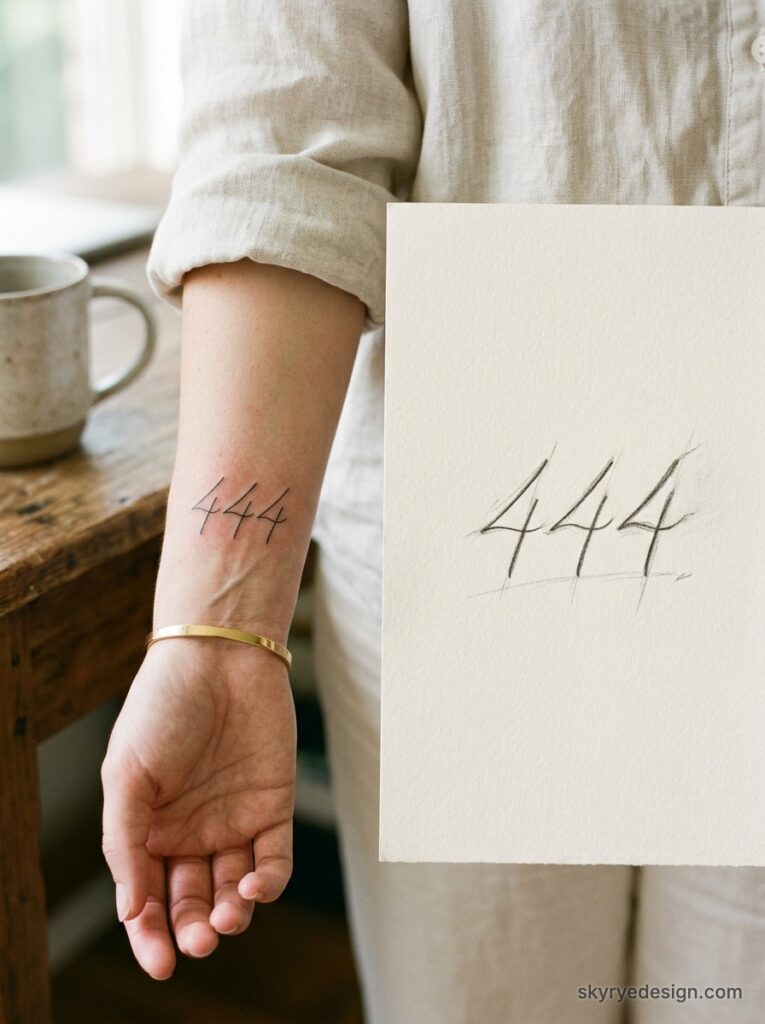 Minimal fine-line black 444 tattoo on inner forearm beside matching pencil sketch on paper