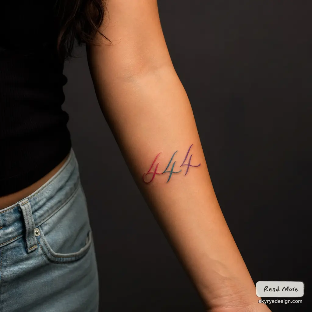 Close-up of inner forearm showing a small colorful script '44' tattoo in red, blue, and purple on skin.