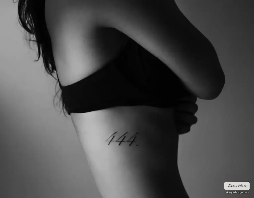Black-and-white close-up of a woman's side rib tattoo reading 444. beneath a black crop top, minimal fine-line design