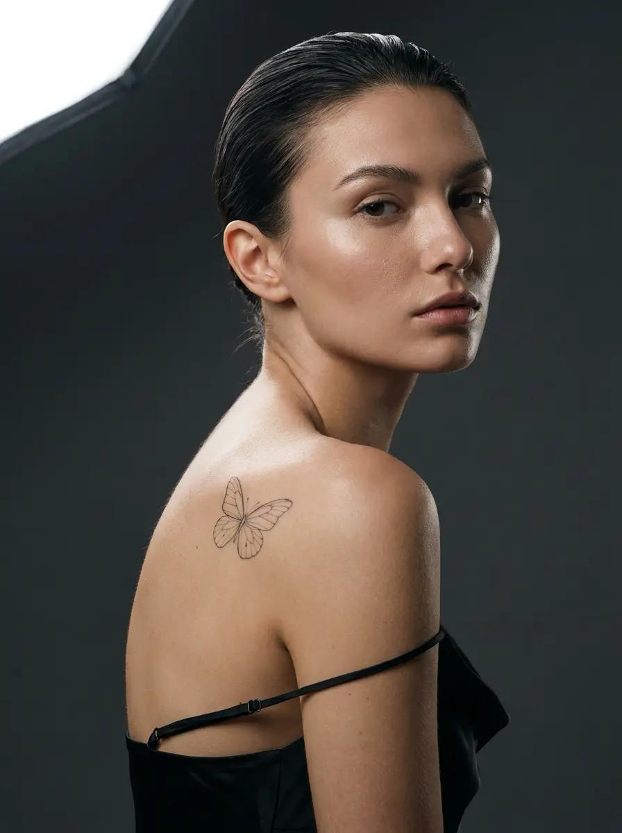 Woman_with_butterfly_tattoo_202607141437 Studio portrait of woman with delicate butterfly tattoo on shoulder, slicked-back hair and black strap dress | Sky Rye Design Studio portrait of woman with delicate butterfly tattoo on shoulder, slicked-back hair and black strap dress