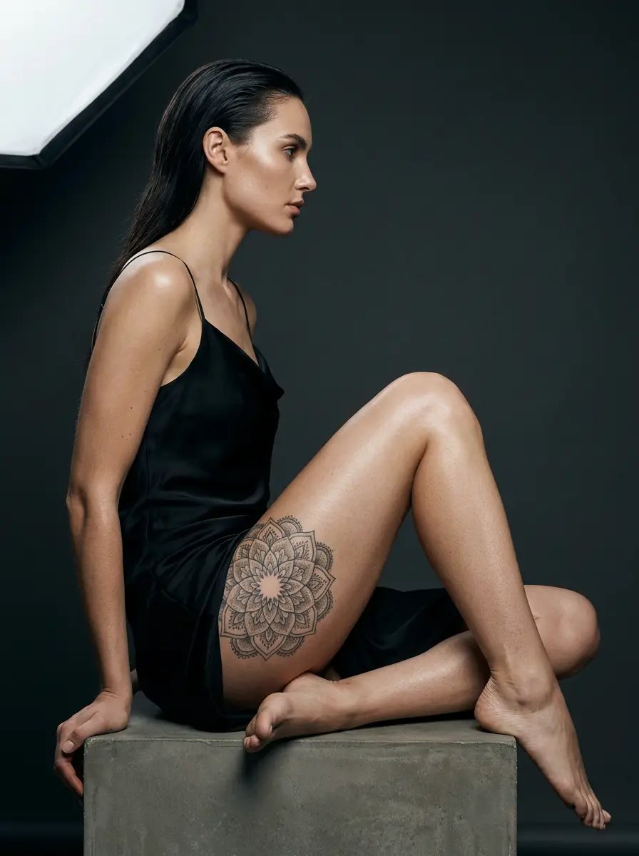 Woman_showing_thigh_tattoo_202607141441 Studio portrait of woman in black slip dress seated on concrete block, side profile showing mandala thigh tattoo | Sky Rye Design Studio portrait of woman in black slip dress seated on concrete block, side profile showing mandala thigh tattoo
