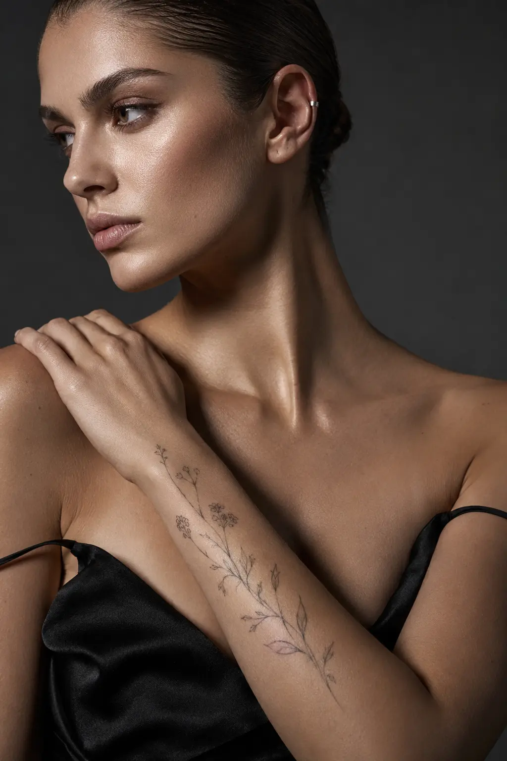 tattoo-for-woman-1ba5f7e Close-up beauty portrait of woman with delicate floral forearm tattoo, glowing skin, black satin dress, ear cuff | Sky Rye Design Close-up beauty portrait of woman with delicate floral forearm tattoo, glowing skin, black satin dress, ear cuff