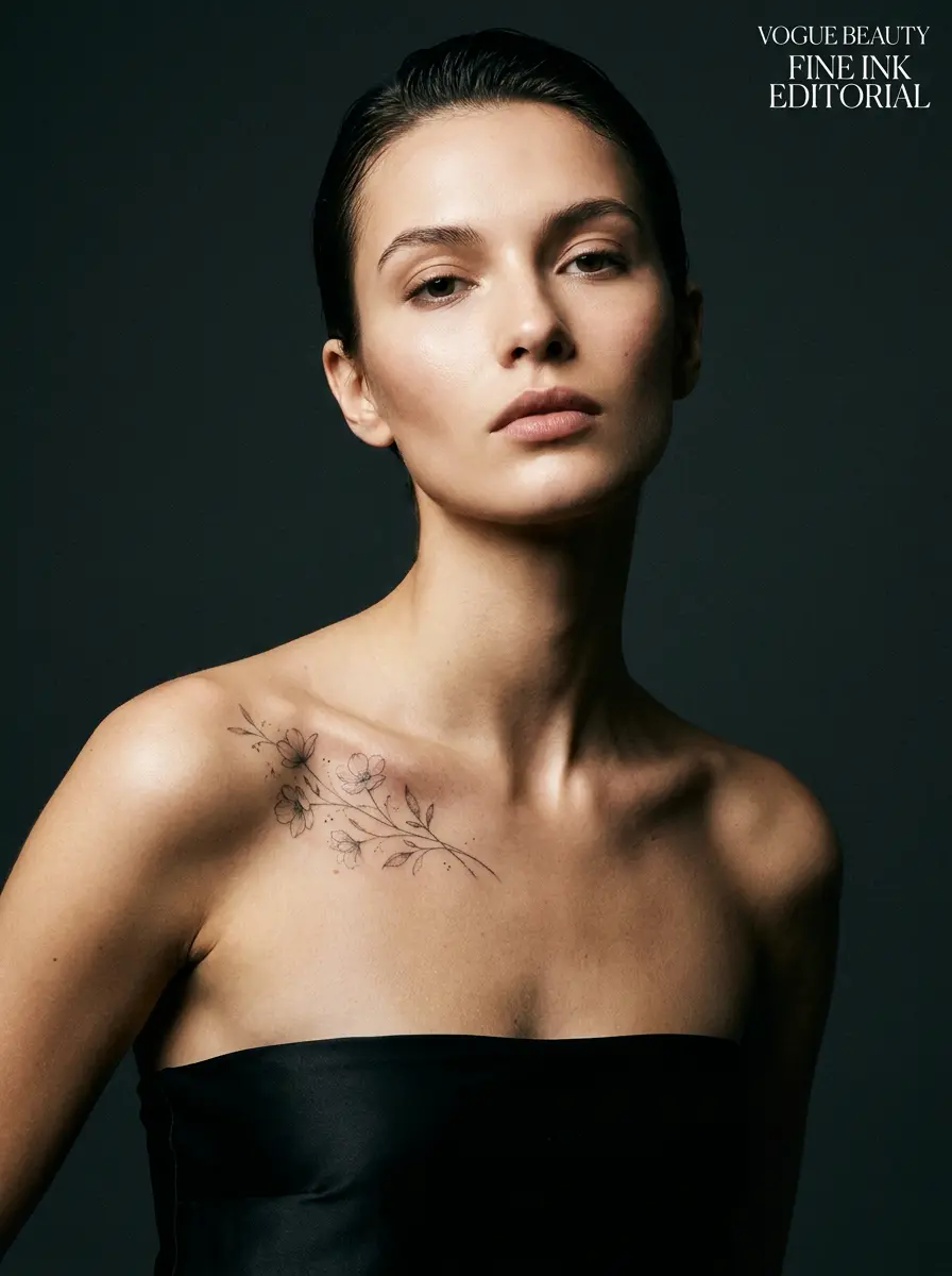 Woman_with_floral_tattoo_collarbone_202607141459 Beauty editorial portrait of model in strapless black top with fine-line floral tattoo along left collarbone, dark background | Sky Rye Design Beauty editorial portrait of model in strapless black top with fine-line floral tattoo along left collarbone, dark background