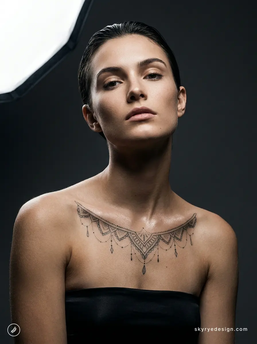 Frame 427321200 Studio portrait of woman with delicate ornamental collarbone chest tattoo and bare shoulders, beauty shot | Sky Rye Design Studio portrait of woman with delicate ornamental collarbone chest tattoo and bare shoulders, beauty shot