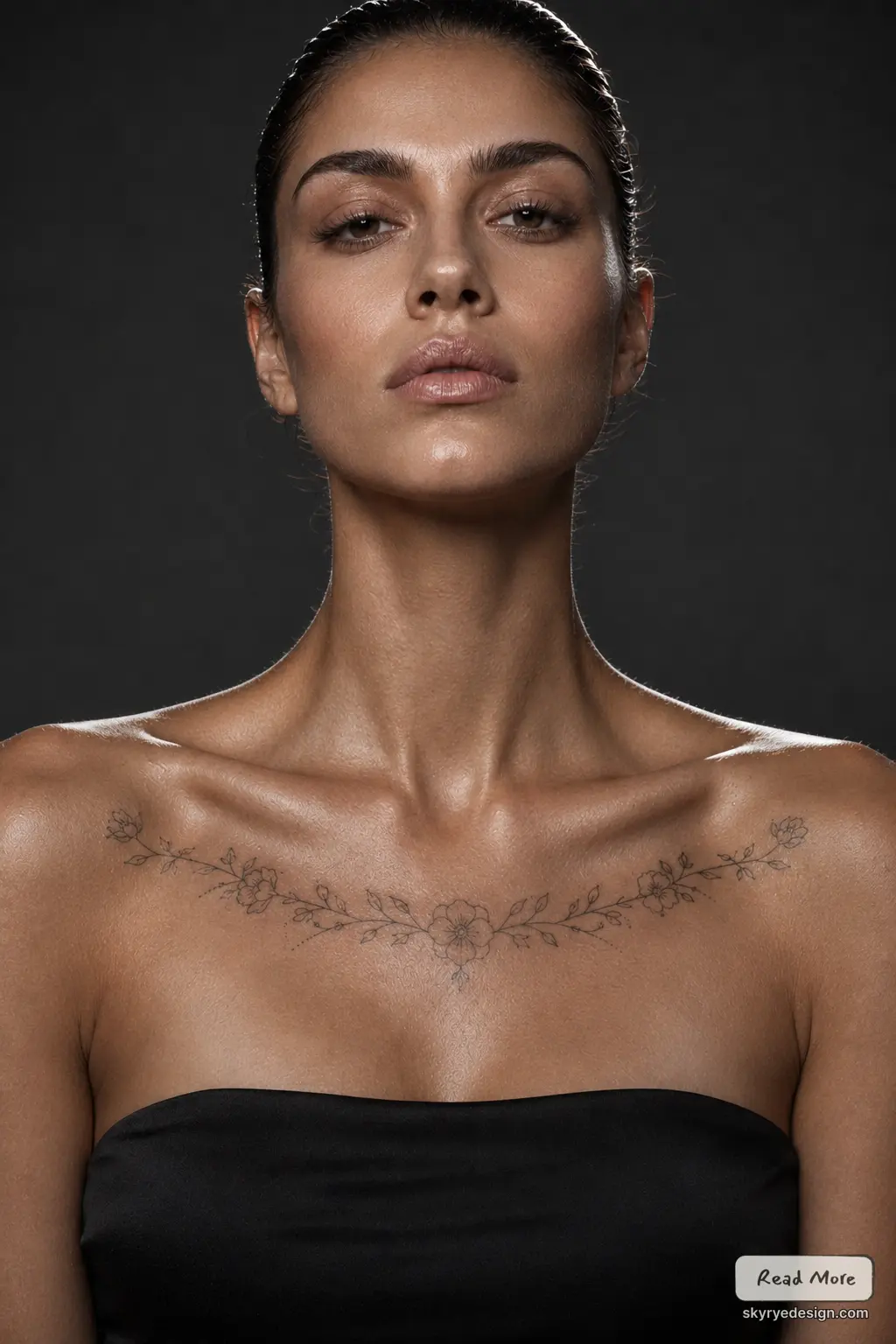 5e5f9b6 Close-up portrait of a woman with slicked-back hair, wearing a strapless black top, showcasing a delicate floral tattoo along the collarbone and shoulders. | Sky Rye Design Close-up portrait of a woman with slicked-back hair, wearing a strapless black top, showcasing a delicate floral tattoo along the collarbone and shoulders.